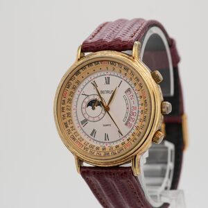 Benrus Moonphase Triple Date Quartz Watch 38mm Gold Tone Vintage NOS Strap